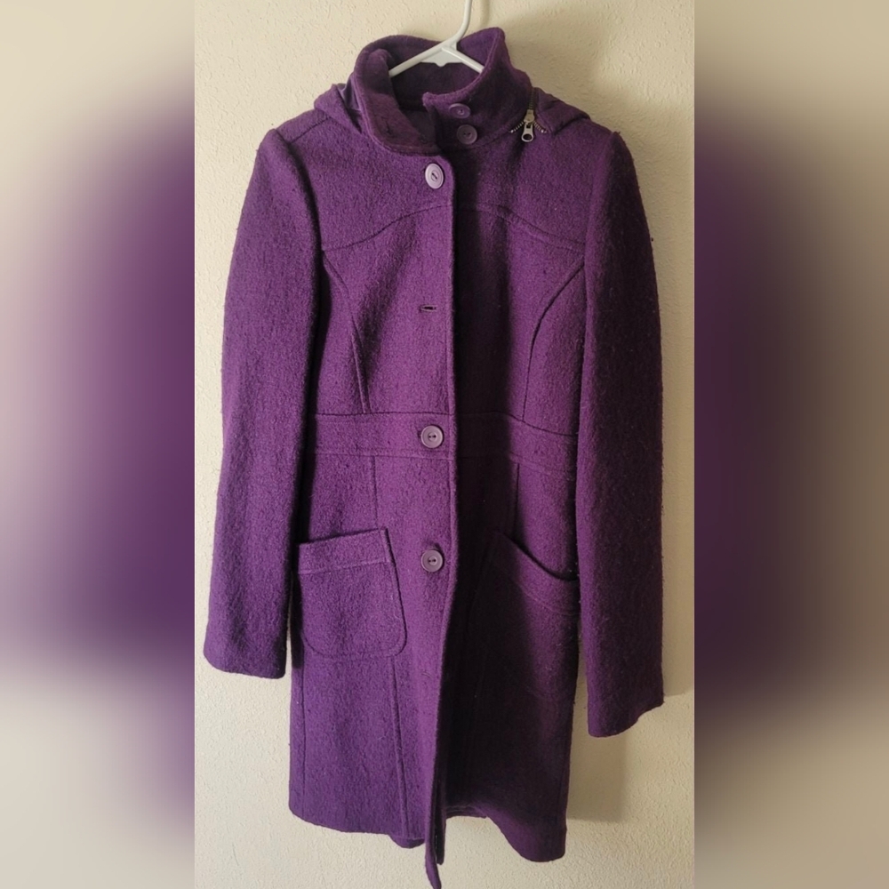 Purple Hooded Wool Blend Coat